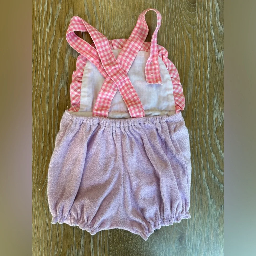 Royal Heir Pink plaid and purple terry‎ cloth waving bear overall bubble, 6-9m